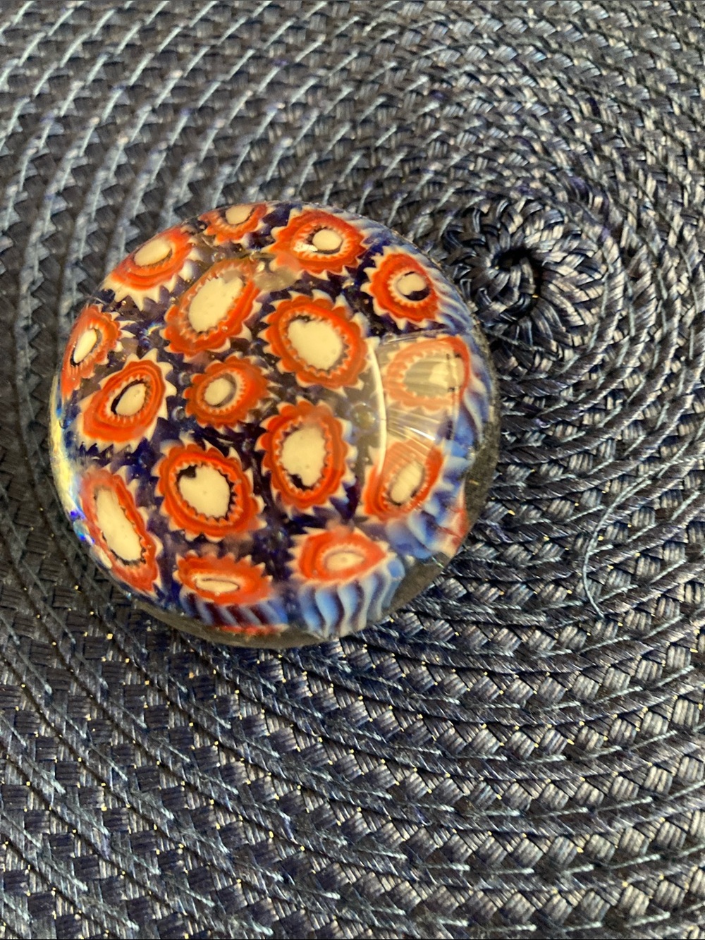 Murano Orange, White and Blue Millefiori Glass Paperweight